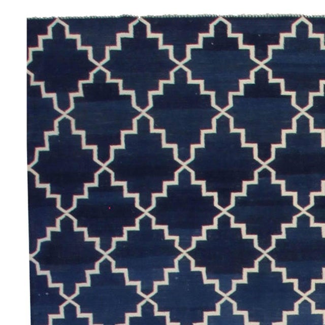 Modern Modern Indian Dhurrie Blue, White Handmade Cotton Rug by Doris Leslie Blau For Sale - Image 3 of 6