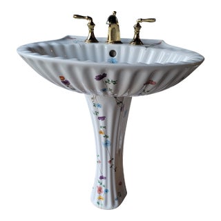 1980s Hand Painted Pedestal Shell Sink For Sale