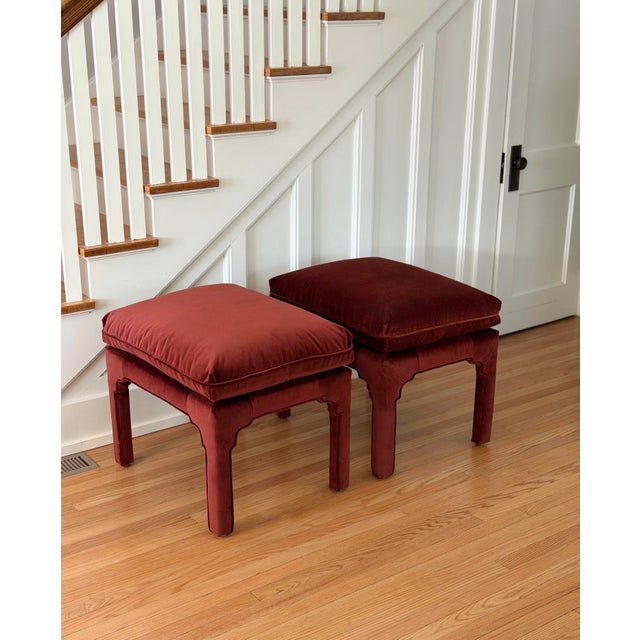 1970s 1970s Sculptural Arched Leg Rectangular Red Velvet Ottomans - A Pair For Sale - Image 5 of 12