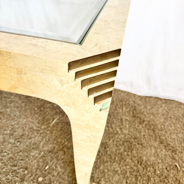 Postmodern Tessellated Stone and Brass Glass Top Side Table For Sale - Image 10 of 10