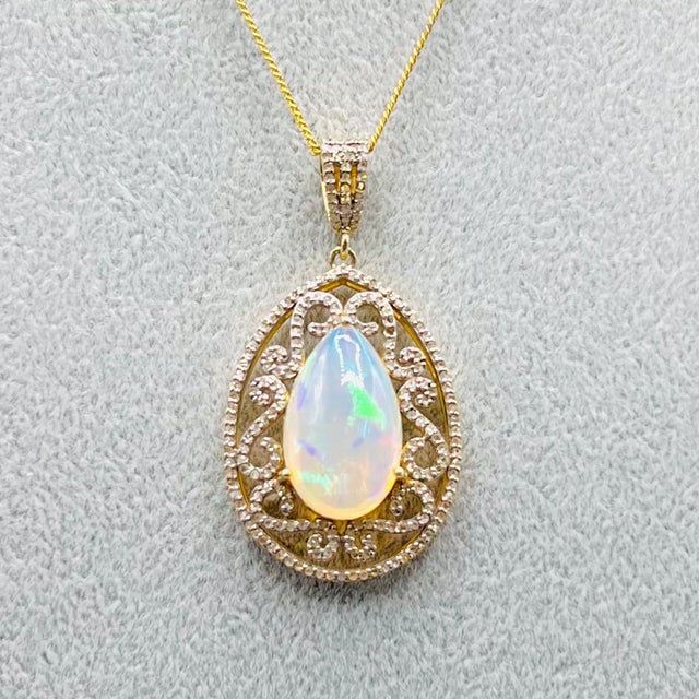 Vintage Art Deco Style Pear Opal and Diamond Teardrop Statement Pendant in Gilded 925 Silver, 1980s For Sale - Image 4 of 15