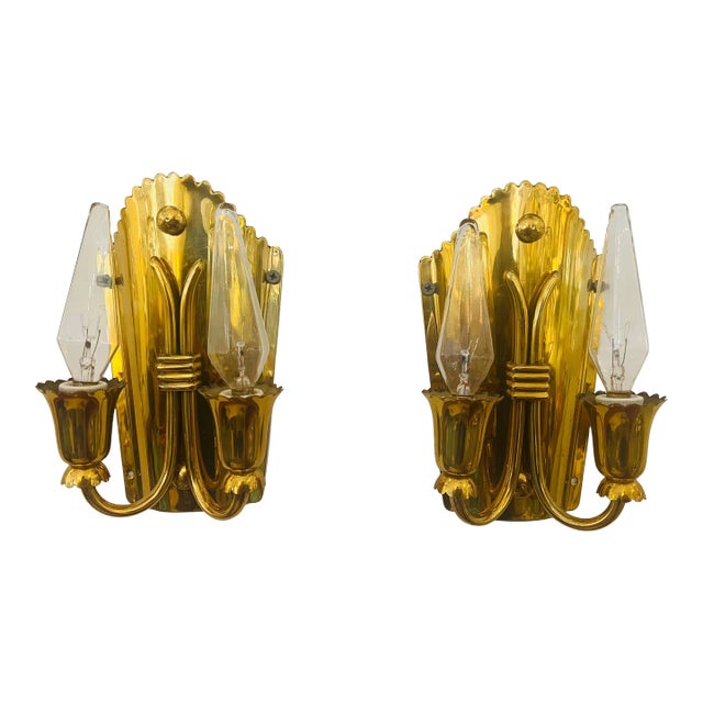 1960s Golden Brass Regency Italian Mid Century Wall Lamps - A Pair For Sale