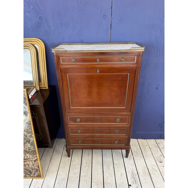 French 19th Century French Louis XVI Mahogany Secretary Desk Carrara Marble Top For Sale - Image 3 of 12