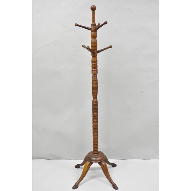 Mission Antique Arts & Crafts Mission Oak Wood Carved Hoof Foot Standing Coat Rack Tree For Sale - Image 3 of 14