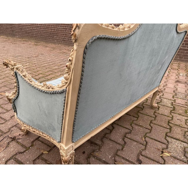1980 French Louis XVI Cream Beech Blue Velvet Settee Sofa For Sale - Image 6 of 7
