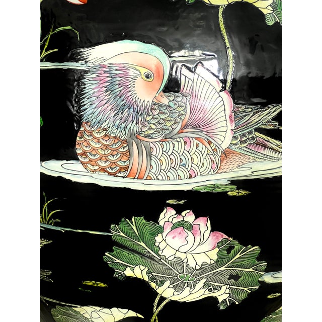 Huge Chinese Famille Noire Black Porcelain Jardiniere, Mandarin Ducks, Birds & Lotus Pond Goldfish Bowl Planter, Signed, Hong Kong For Sale - Image 9 of 14