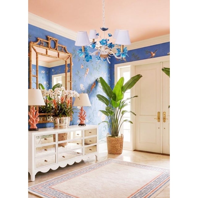 Blue Vintage Small 4 Light Tole Newly Hand Painted Blue White Chinoiserie Rose Leaf Chandelier For Sale - Image 8 of 9
