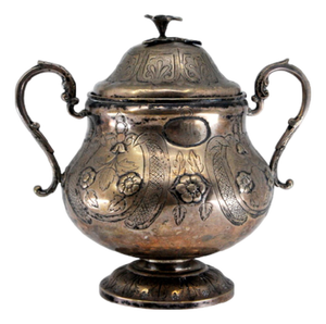 Silver Sugar Bowl Profusely Embossed with Floral Motifs, Decorated with a Knob on the Lid