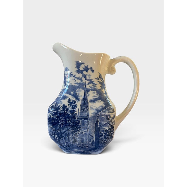 Vintage 1970s Staffordshire "Liberty Blue" Old North Church Ironstone Water Pitcher - 32 oz. Description: Add a touch of...