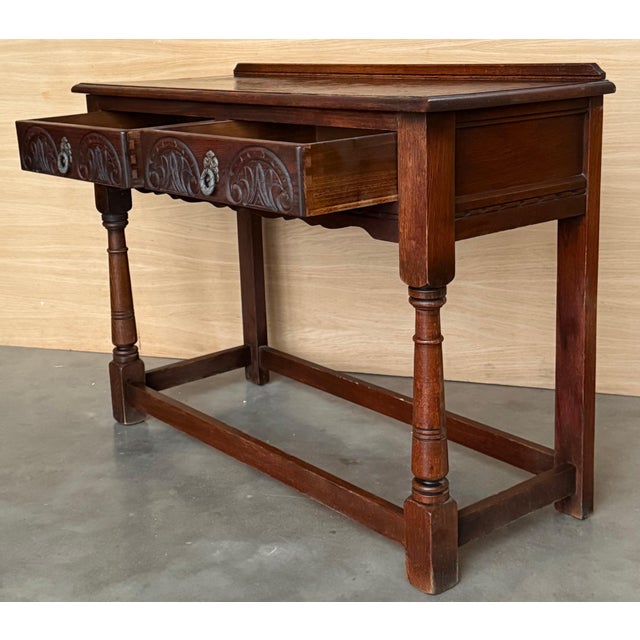 Early 20th Century Spanish Country Walnut Sofa Table or Console table with Carved Drawers For Sale - Image 4 of 18