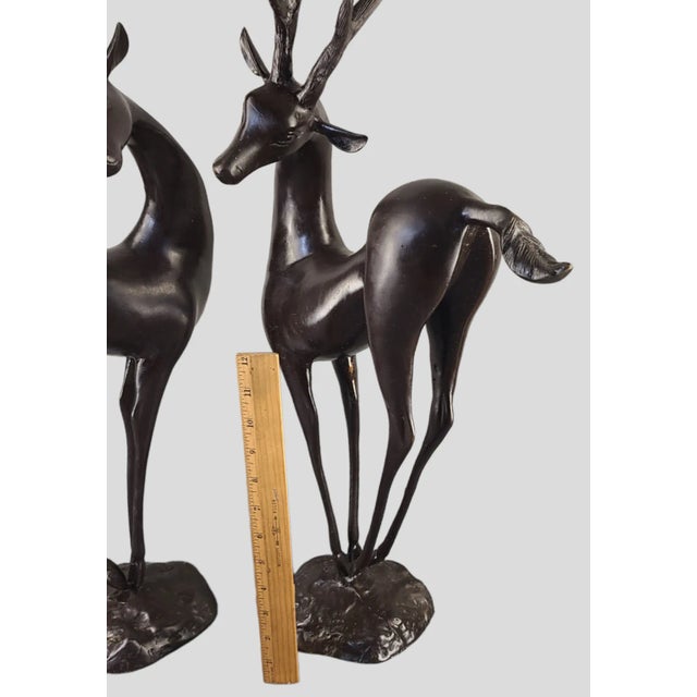Mid-Century Modern Vintage Pair of Mid 20th Century Art Deco Mid-Century Modern Bronze Graceful Antelope Deer Sculptures For Sale - Image 3 of 12