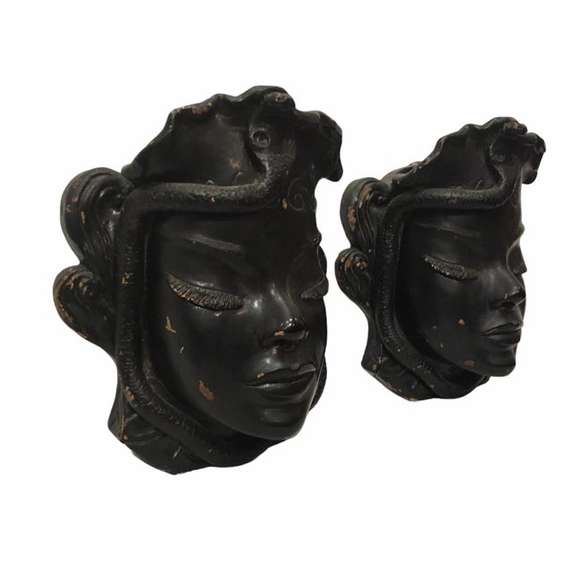 Art Deco Antique 1920s Art Deco Egyptian Revival Black Clay Wall Hangings - a Pair Mask Wall Pockets For Sale - Image 3 of 13