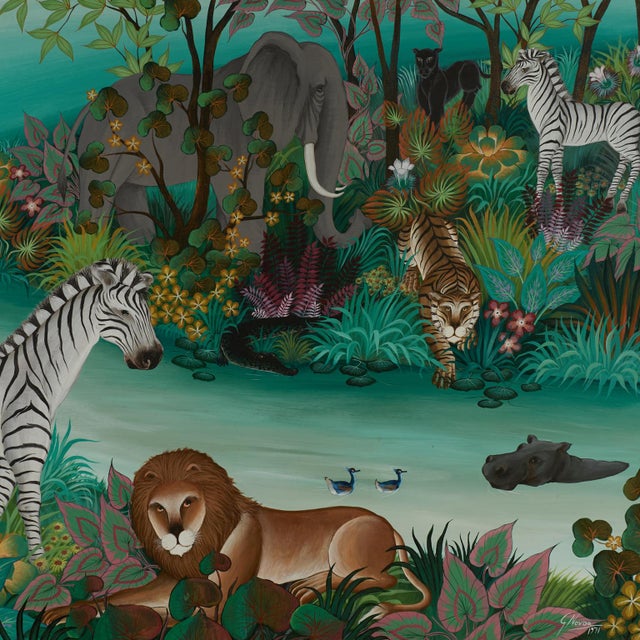 Blue Vintage Painting of Animals in a Jungle by Gustavo Novoa For Sale - Image 8 of 13