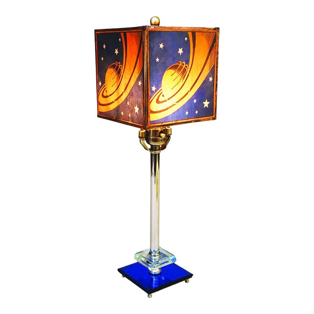 Rarest Chicago 1933 Worlds Fair "Saturn" Logo Streamline Art Deco Chrome Cobalt Glass Table "Hall of Science" Lamp Sublime Condition! For Sale