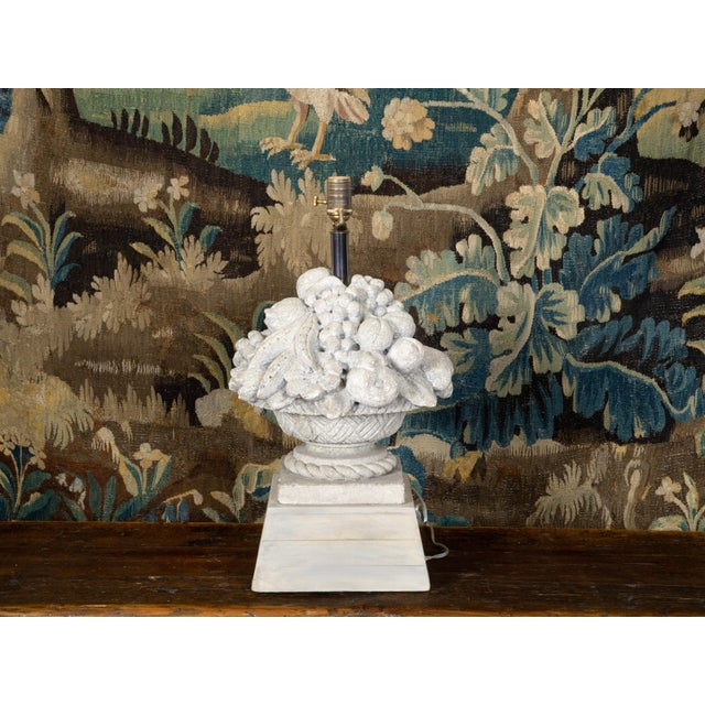 White French 1940s Carved Stone Table Lamp Depicting a Fruit Bowl on Pedestal For Sale - Image 8 of 10