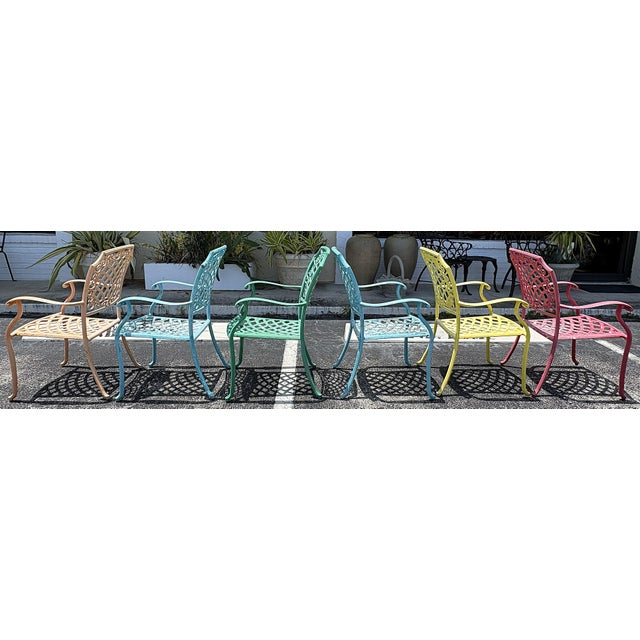 Late 20th Century Vintage Cast Aluminum Brightly Painted Outdoor Armchairs- Set of 6 For Sale - Image 5 of 18