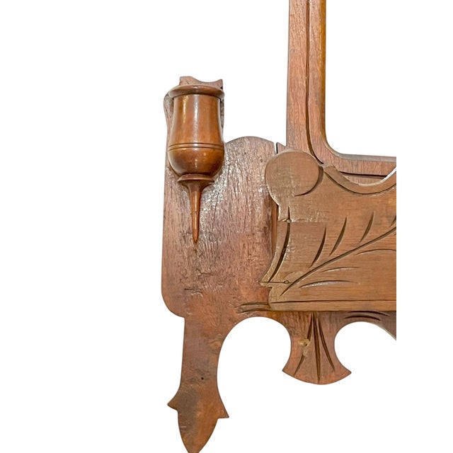 Cabin Antique Tramp Art Carved Wood Mirror With Candleholders and Pocket For Sale - Image 3 of 13