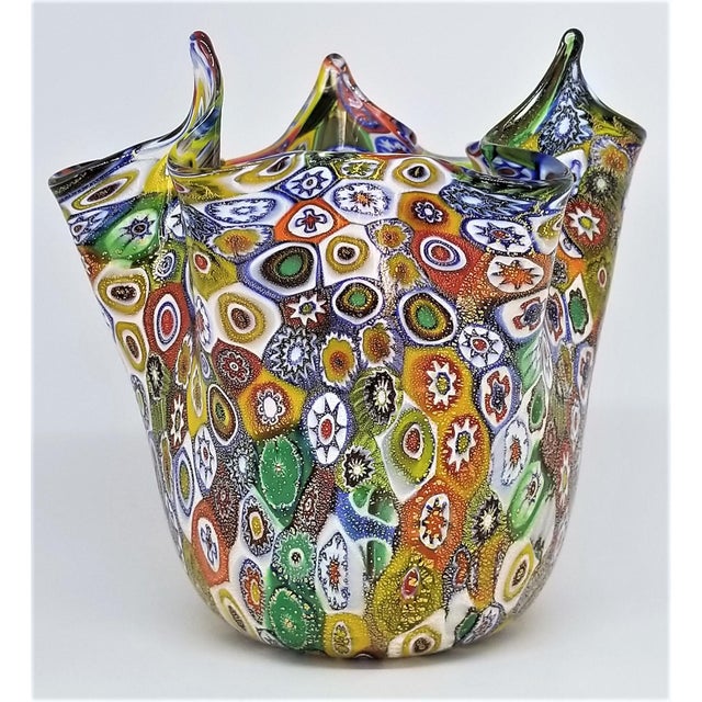 Murano Vintage Murano Glass Hankerchief Vase - Millifiori and Gold by Campanella- Signed - Italy Italian Palm Beach Boho Chic Mid Century Modern For Sale - Image 4 of 13