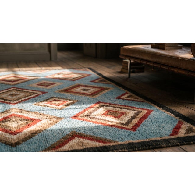 Early 20th Century 1920s Multicolor Diamond Square Antique American Hooked Rug 3'0" X 5'2" Handknotted Wool Carpet For Sale - Image 5 of 7