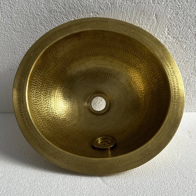 Not Yet Made - Made To Order Rustic Moroccan Farmhouse Hammered Brass Sink Bathroom Drop-In Oval Bar Sink With Brass Drain For Sale - Image 5 of 10