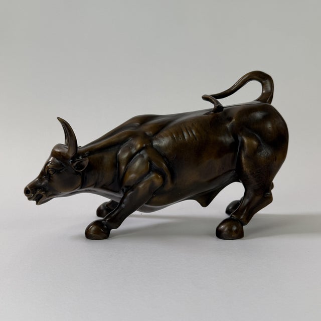 Metal Bronze “Wall Street” Charging Bull Sculpture, 12” L For Sale - Image 7 of 10