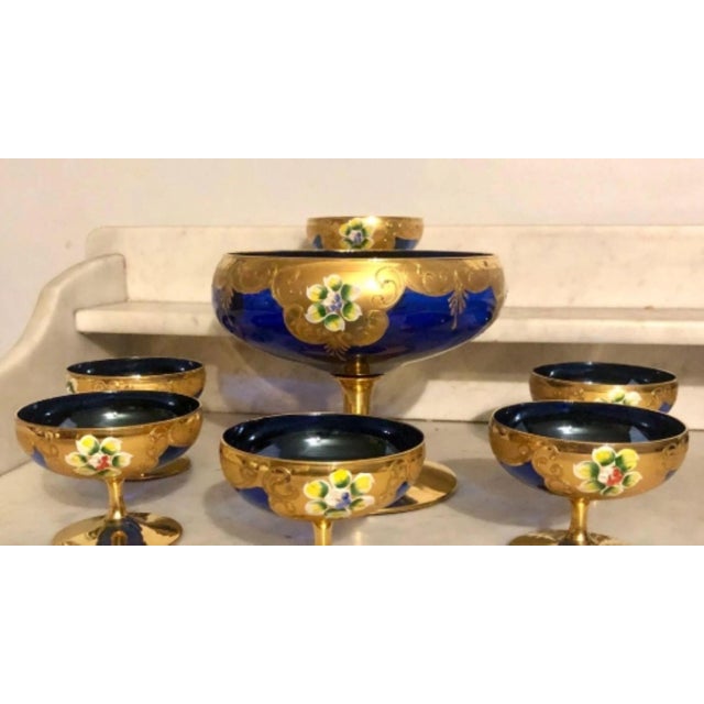 Glass Vintage Venetian Tre-Fuochi Murano Dessert Set with Fruit Goblet and Coupes in Cobalt Blue and 24kt Gold-Plated Enamel, 1920s, Set of 7 For Sale - Image 7 of 9