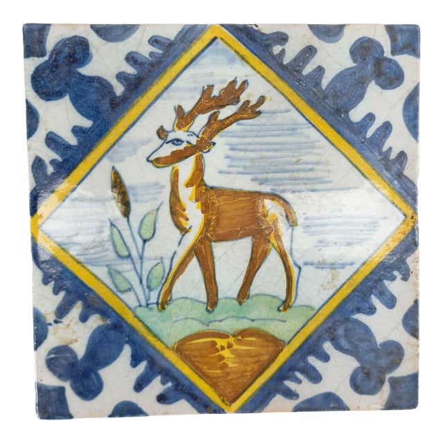 Dutch Polychrome Delft Tile of Deer For Sale