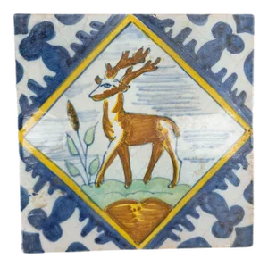 Dutch Polychrome Delft Tile of Deer