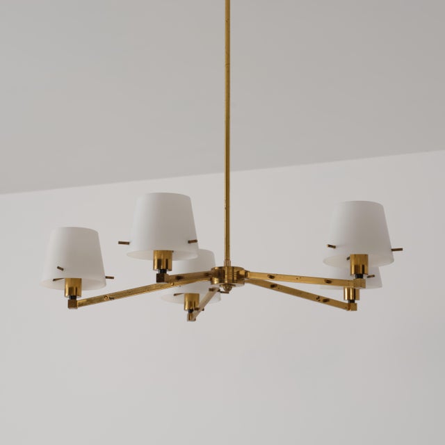 Mid-Century Modern Vintage Italian Brass and Opaline Glass Chandelier, 1950s For Sale - Image 3 of 13