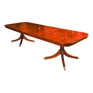 Vintage Regency Revival Twin Pillar Flame Mahogany Dining Table For Sale