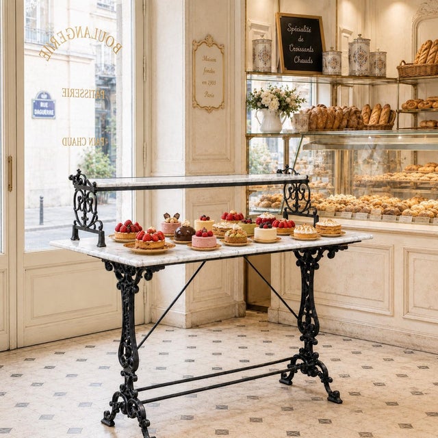 19th Century French Cast Iron Patisserie Display Table with Carrara Marble Tops brings the romance of a traditional...