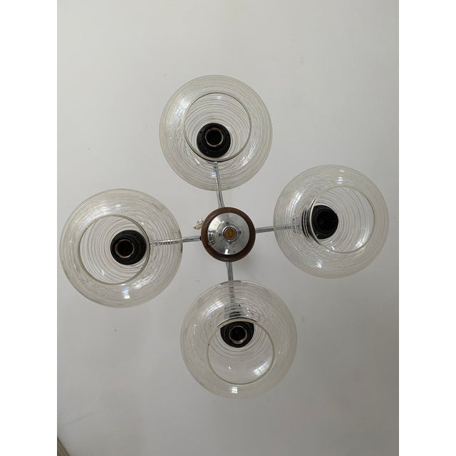 Vintage Space Age Sputnik Chandelier in Chrome-Plated Metal, Wooden Accents and Clear Ribbed Glass Shades by Emi Poljčane, Yugoslav, 1970s For Sale - Image 12 of 18