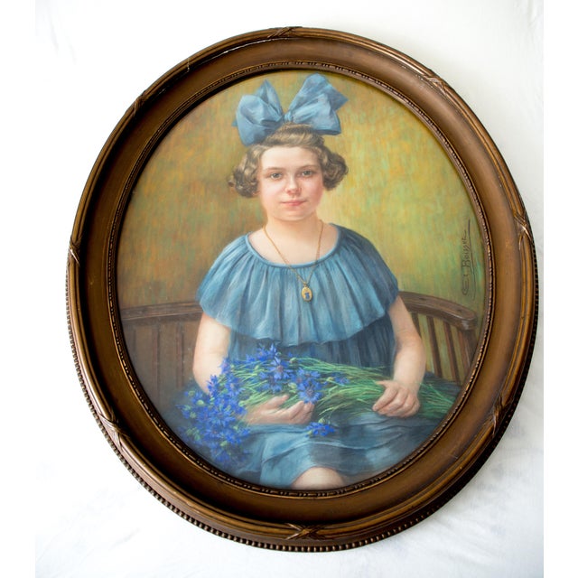Aline Boisset, Young Girl with Blue Bouquet, 1940s, Pastel on Paper For Sale - Image 4 of 4