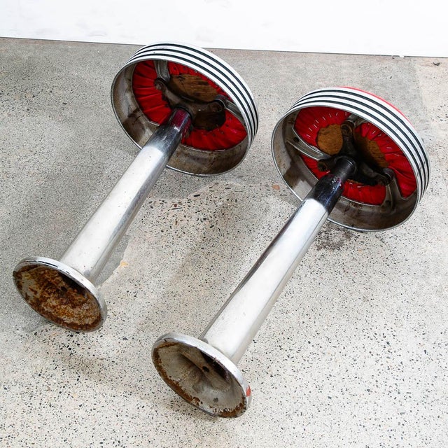 Metal 1950s Mid Century Modern Red Vinyl Swivel Chrome Floor Mount Diner Stools- Set of 2 For Sale - Image 7 of 11