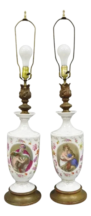 Antique French Renaissance Victorian Porcelain Urn Figural Cameo Table Lamp Pair