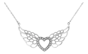 .925 Sterling Silver Pave-Set Diamond Accent Fairy Wing 18" Heart Pendant Necklace (I-J Color, I1-I2 Clarity)