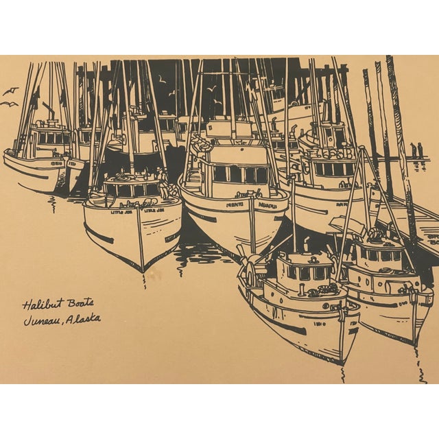 Wood Mid-Century Style Bruce Boyd "Halibut Boats, Juneau, Alaska" Framed Graphic Maritime Print. For Sale - Image 7 of 8