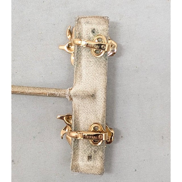Gold Vintage Circa 1960s Signed Crown Trifari Goldtone & Clear Rhinestone Rose Bud Clip Earrings-2 Pieces For Sale - Image 8 of 8