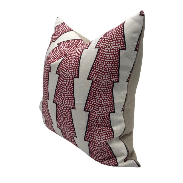 Pair of handcrafted pillows fashioned with Ottoline Spot and Arrow in red fabric on the front and backed in a flax colored...