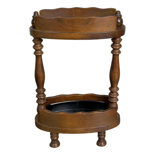 Vintage Wooden Umbrella Stand with Turned Columns and Metal Tray, 1960s For Sale