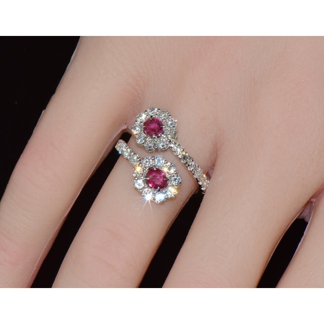 Metal Certified Natural 2.08cts Ruby & Diamond Floral Bypass Halo Ring in Solid 18k White Gold, Size 5.5 For Sale - Image 7 of 12