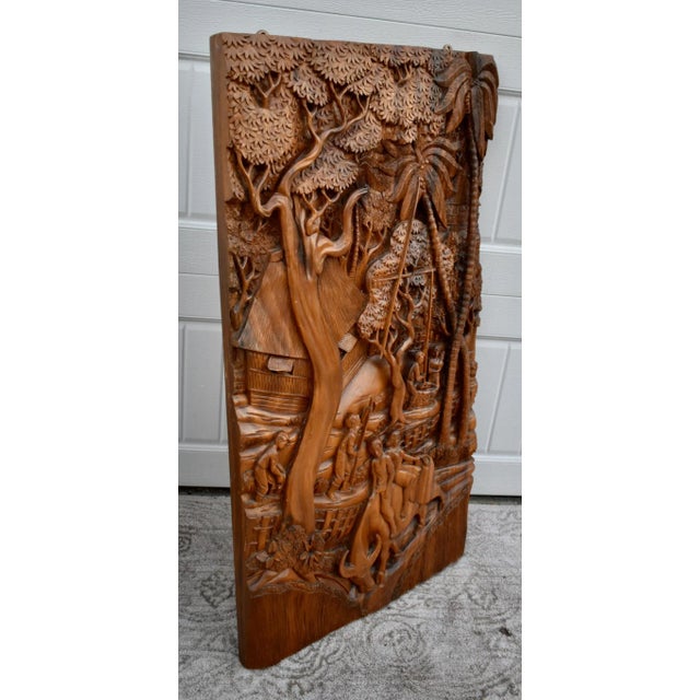 Teak Hand Carved Plaque Large 3d Wood Relief Balinese Tropical Wall Art For Sale - Image 11 of 11
