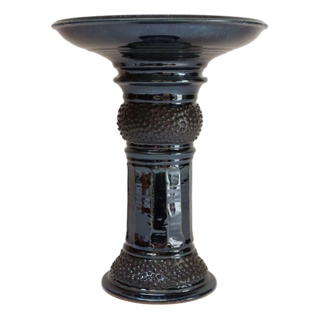 Vintage Studio Pottery Metallic Blue Pedestal / Votive Holder by Deanna Nichols For Sale