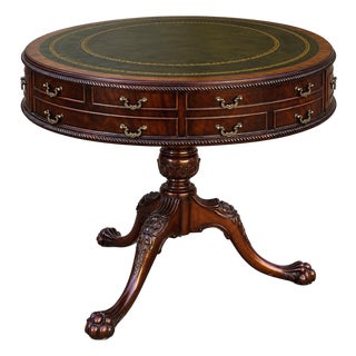 English Leather Top Georgian Style Mahogany Drum Table With Ball & Claw Feet For Sale