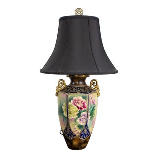 Early 20th Century Floral Table Lamp Hand Painted Porcelain Style of Royal Nippon Black Bell Shade For Sale