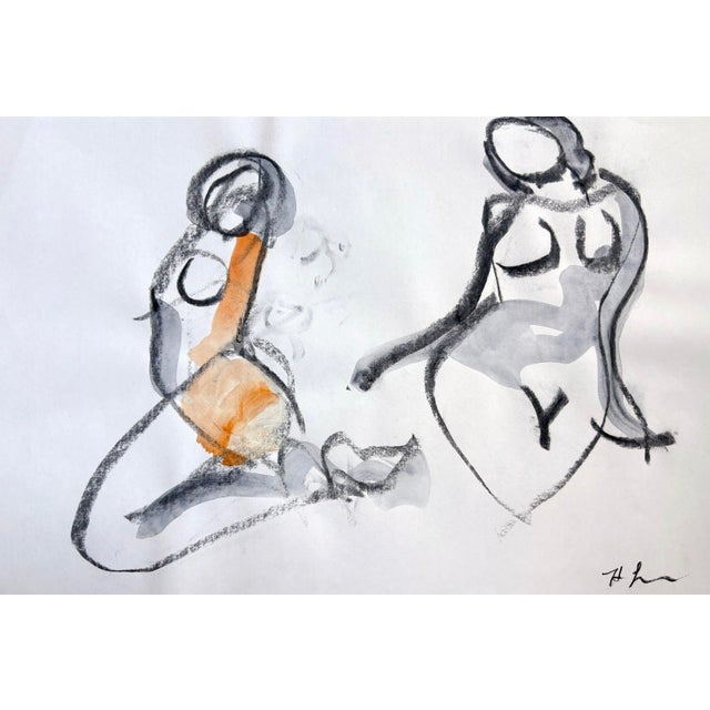 Drawing from the model - Gestural study of the beauty of a woman sitting posing. Watercolor and charcoal on paper. 18 x 12...