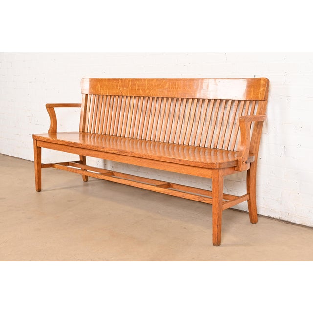 American Antique Arts & Crafts Solid Oak Lawyer's Bench For Sale - Image 3 of 10