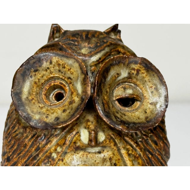 1970s British Brutalist Studio Pottery Owl With Oversized Eyes Expressive Hand-Modelled Ceramic Bird Sculpture With...