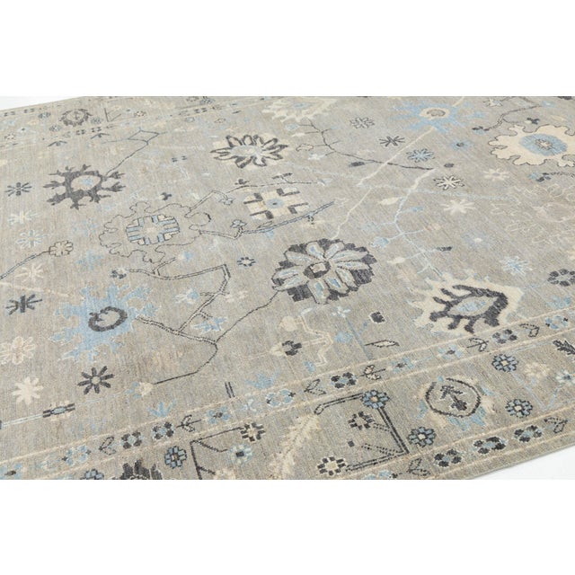 2020s Modern Oushak Style Hand-Knotted Wool Rug – Floral Design in Sage & Slate 9x12 For Sale - Image 5 of 10