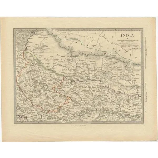 Antique map titled 'India X'. Old map of the the northeast region of India, including part of Himalayas and China. Great...